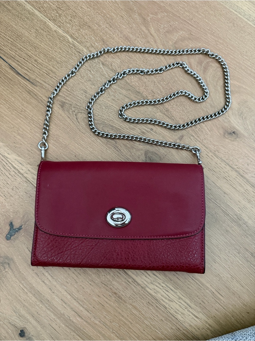 Coach Red Leather Chain Crossbody with Silver Turnlock